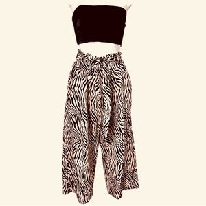 High Waisted Cropped Wide Leg  Brown Cream Zebra Print Flowy Cropped Pants S